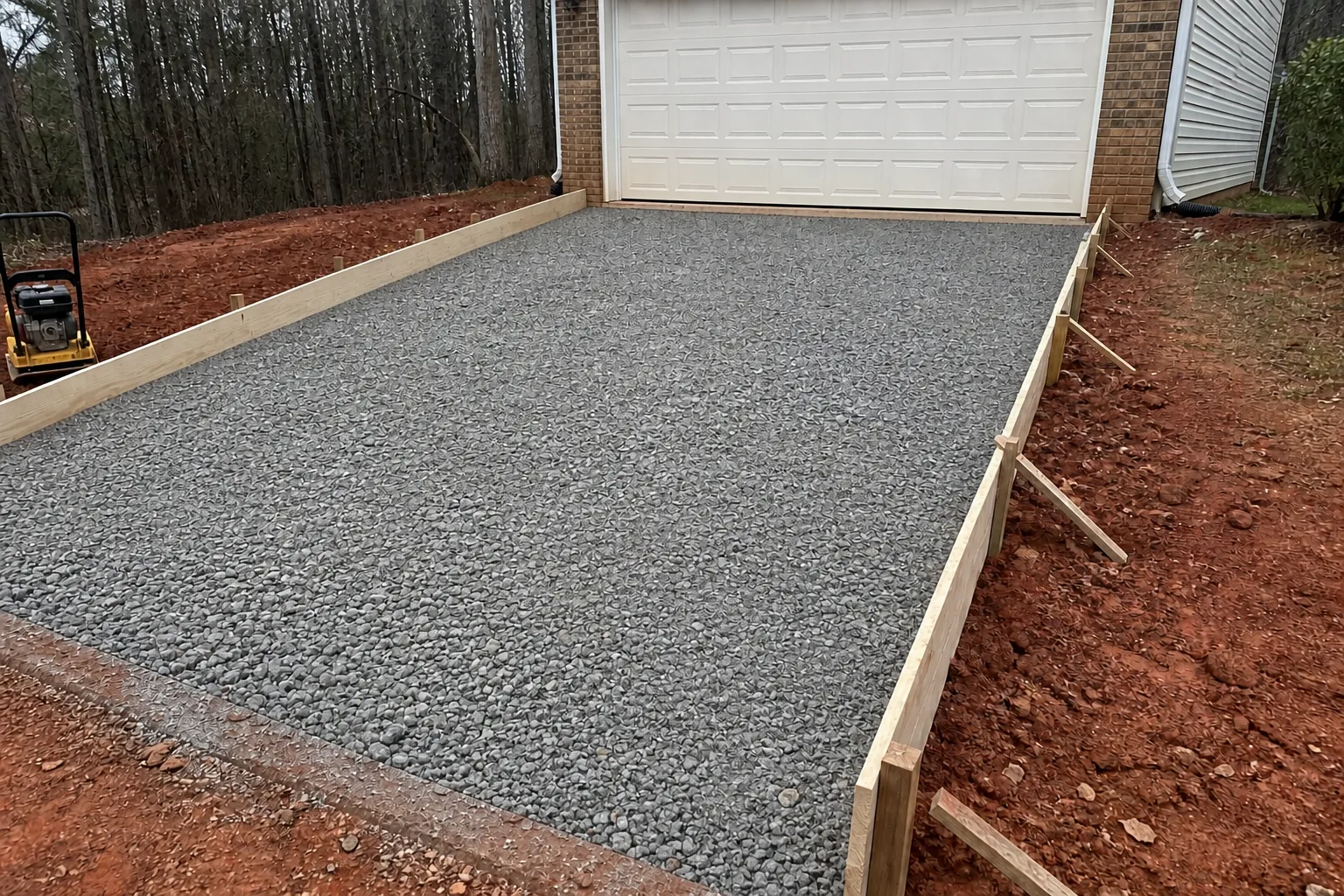Compacted stone base recessed below straight wood forms for a concrete driveway