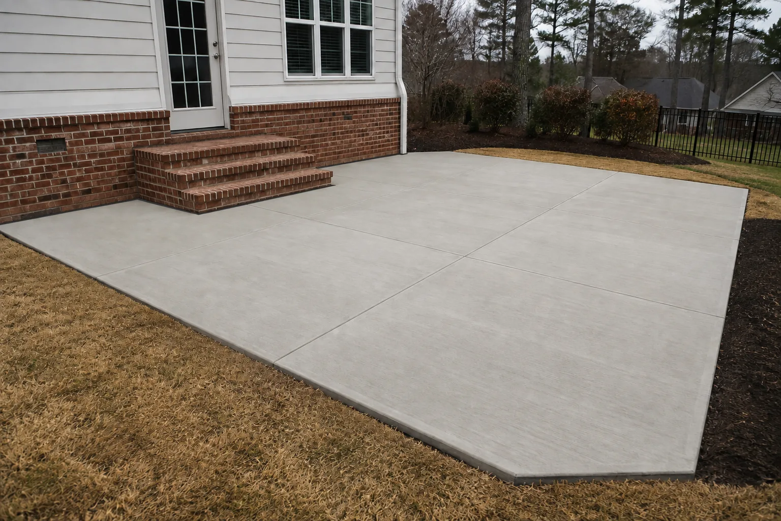 Finished broom-finish backyard concrete patio with clean control and isolation joints