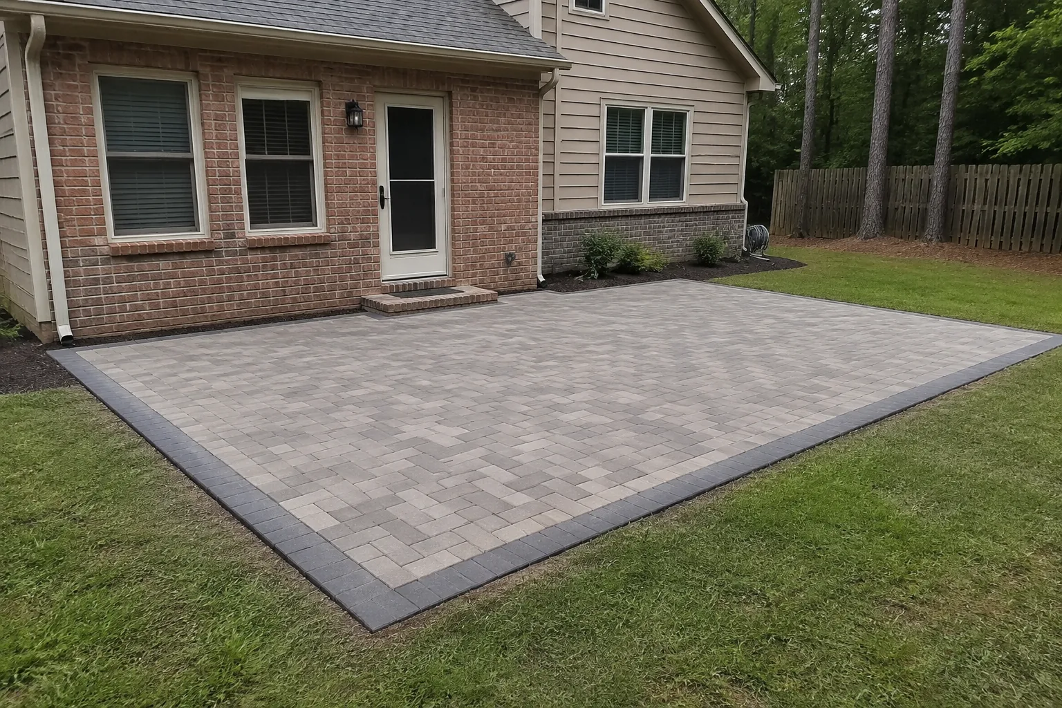 Finished landscaped herringbone paver patio with a continuous dark border